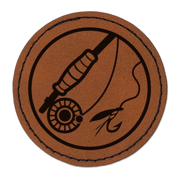 Fly Fishing Rod Reel and Lure Bait 2.5" Faux Leather Round Engraved Iron-On Patch - Brown