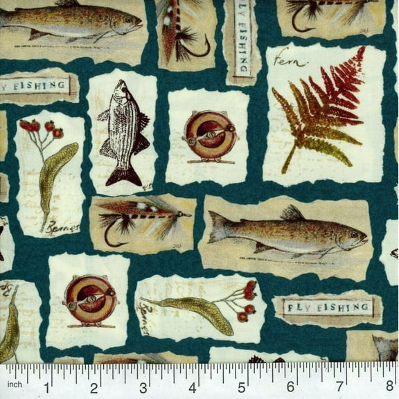 Fly Fishing Teal Cotton Fabric (Yard)