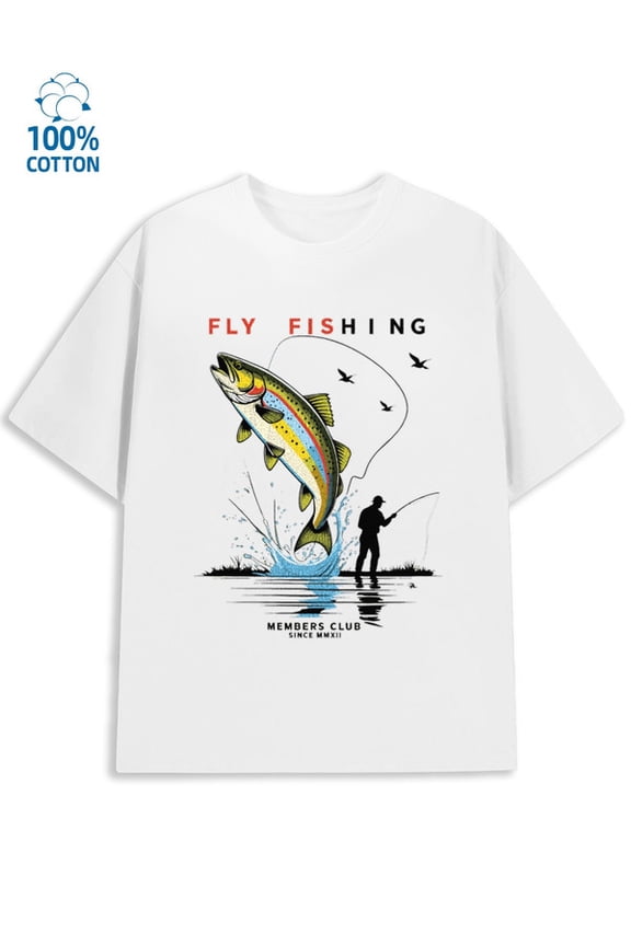Fly Fishing Tee for men fish 180G 100% Cotton white for 60 year old for 60 year old Fashion Unisex Shirt Graphic Tee tshirts Classic Unisex Shirt Short Sleeve tshirts