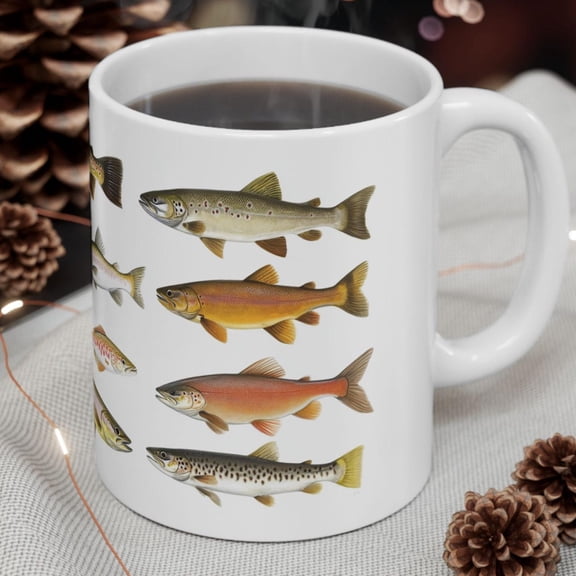 Fly Fishing Trout Mug Rainbow Fish Illustration Angler Gift Fishing Lover Coffee Cup Outdoor Hobby Ceramic Mug 11oz