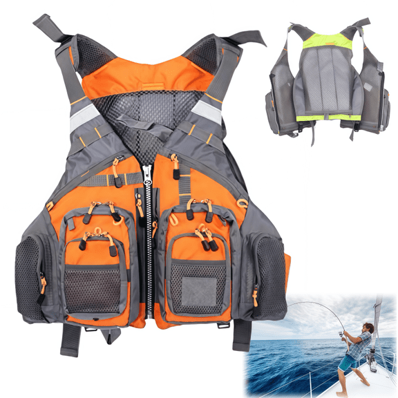 Fly Fishing Vest - Fishing Safety Life Jacket for Swimming, Sailing, Boating, Kayak - Floating Multifunction Breathable Backpack for Men and Women - Adjustable, Green/Orange/Army Green