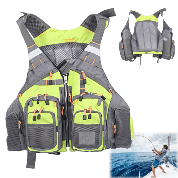 Fly Fishing Vest - Fishing Safety Life Jacket for Swimming, Sailing, Boating, Kayak - Floating Multifunction Breathable Backpack for Men and Women - Adjustable, Green/Orange/Army Green