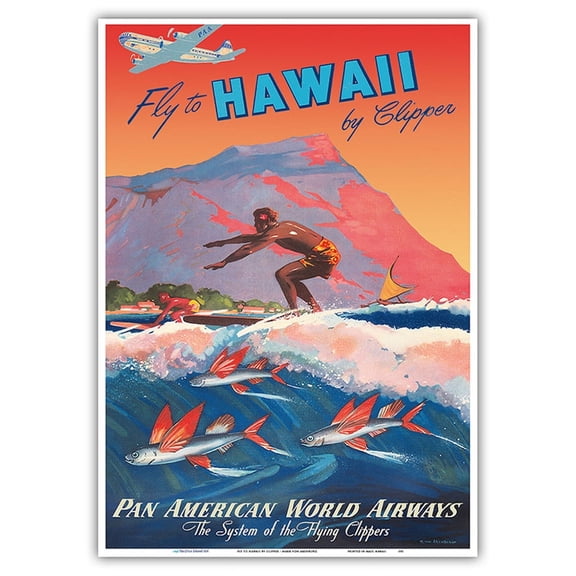 Fly To Hawaii by Clipper - Surfer Diamond Head Crater - Vintage Airline Travel Poster by Mark Von Arenburg c.1940s - Master Art Print 10in x 14in