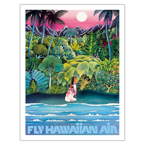 Fly Hawaiian Air - Hawaii Women on the Beach - Hawaiian Airlines - Vintage Airline Travel Poster c.1970s - Fine Art Matte Paper Print (Unframed) 20x26in