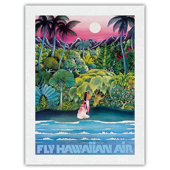 Fly Hawaiian Air - Hawaii Women on the Beach - Hawaiian Airlines - Vintage Airline Travel Poster c.1970s - Japanese Unryu Rice Paper Art Print 24 x 32 in