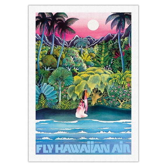 Fly Hawaiian Air - Hawaii Women on the Beach - Hawaiian Airlines - Vintage Airline Travel Poster c.1970s - Fine Art Rolled Canvas Print 27in x 40in