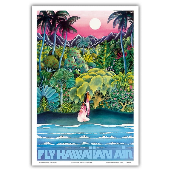 Fly Hawaiian Air - Hawaii Women on the Beach - Hawaiian Airlines - Vintage Airline Travel Poster c.1970s - Master Art Print (Unframed) 12in x 18in