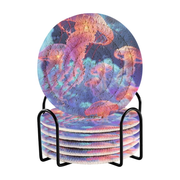 Fly Jellyfish and Moon Coasters with Holder for Coffee Table 6 Pcs Drink Coaster Sets Absorbent for Home Decor 4 inch