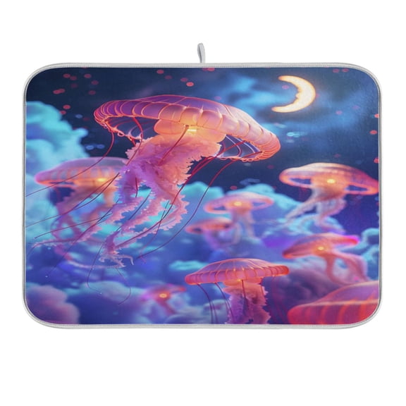 Fly Jellyfish and Moon Dish Drying Mat 16x18 Absorbent Microfiber Draining Rack Pad for Kitchen Counter Sink