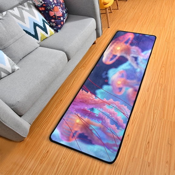 Fly Jellyfish and Moon Hallway Runner Rug 2'X6' Non-Slip Washable Carpet Runner Kitchen Entryway Laundry Bedroom