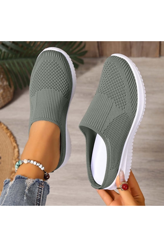 Fly Knit Breathable Backless Slip On Sneakers for Women Soft Non Slip Flat Outdoor Mule Footwear