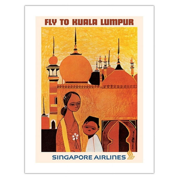 Fly to Kuala Lumpur Malaysia - Singapore Airlines - Vintage Airline Travel Poster by Seah Kim Joo c.1960s - Bamboo Fine Art 290gsm Paper (Unframed) 17x22in