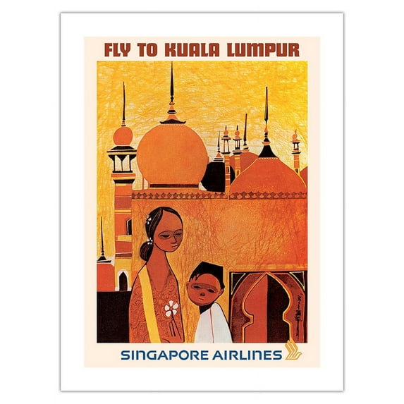 Fly to Kuala Lumpur Malaysia - Singapore Airlines - Vintage Airline Travel Poster by Seah Kim Joo c.1960s - Fine Art Matte Paper Print (Unframed) 18x24in
