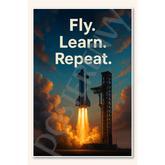 Fly Learn Repeat Starship SpaceX Elon Musk Poster - 18 inch x 12 inch