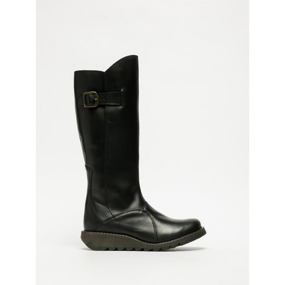 Fly London Womens Black MOL 2 Leather Wedge Heel Knee High Zip Up Boots