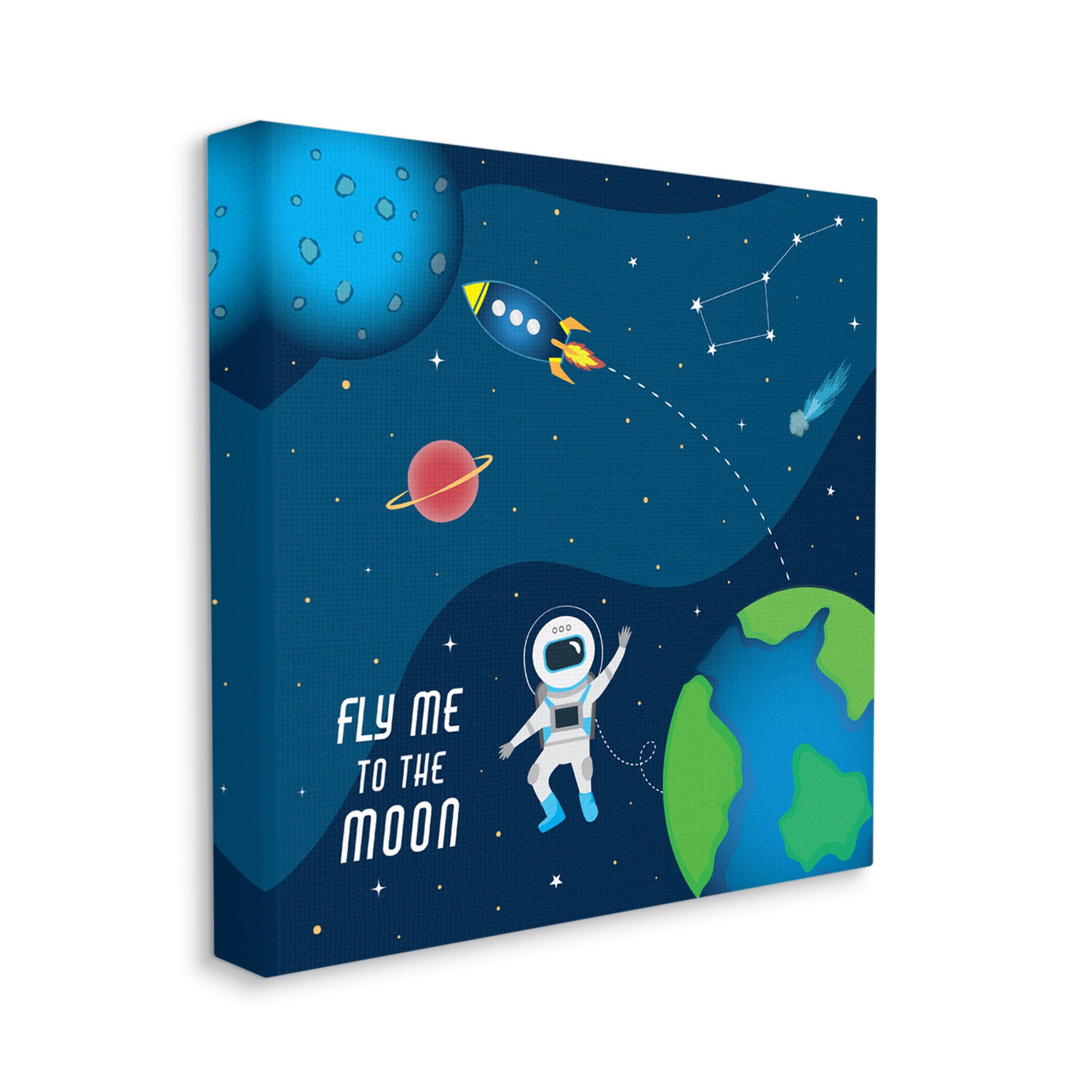 Fly Me To The Moon Silly Astronaut Outer Space Typography Gallery-Wrapped Canvas Print Wall Art, 17x17