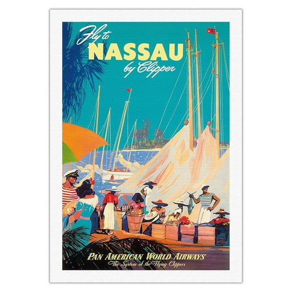 Fly to Nassau by Clipper - New Providence Island Bahamas - Vintage Airline Travel Poster by Mark Von Arenburg c.1950s - Fine Art Rolled Canvas Print 27in x 40in
