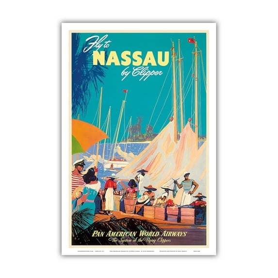 Fly to Nassau by Clipper - New Providence Island Bahamas - Vintage Airline Travel Poster by Mark Von Arenburg c.1950s - Master Art Print (Unframed) 12in x 18in