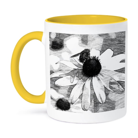 3dRose, Fly on Black Eyed Susan digital art pencils, 15oz Two-Tone Yellow Mug