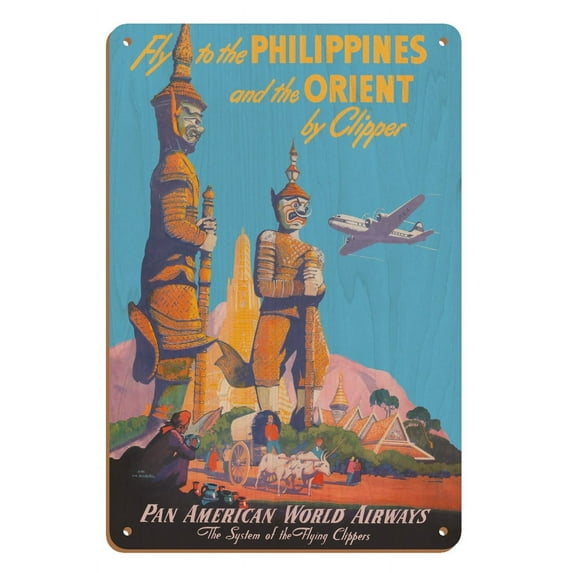 Fly to the Philippines - and the Orient by Clipper - Vintage Airline Travel Poster by Mark Von Arenburg c.1947 - 8 x 12 inch Vintage Wood Art Sign