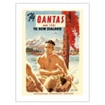 thumbnail image 1 of Fly QANTAS and TEAL to New Zealand - Australia's Overseas Airline - Maori War Canoes - Vintage Travel Poster c.1954 - Fine Art Matte Paper Print (Unframed) 18x24in, 1 of 4