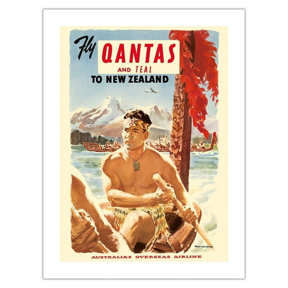 Fly QANTAS and TEAL to New Zealand - Australia's Overseas Airline - Maori War Canoes - Vintage Travel Poster c.1954 - Fine Art Matte Paper Print (Unframed) 18x24in