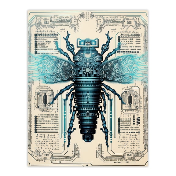 Fly Robot Hybrid Schematic Blueprint Futuristic Secret Complex Arcane Manuscript Gift For Him Man Cave Extra Large XL Wall Art Poster Print