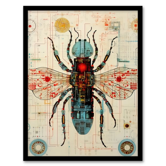 Fly Robot Hybrid Secret Military Schematic Blueprint Futuristic Complex Arcane Manuscript Gift For Him Man Cave Artwork Framed Wall Art Print A4