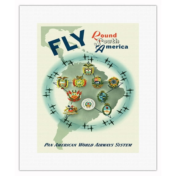 Fly Round South America - Pan American World Airways System - Vintage Airline Travel Poster by Constantin Alajálov c.1950s - Fine Art Rolled Canvas Print 11in x 14in