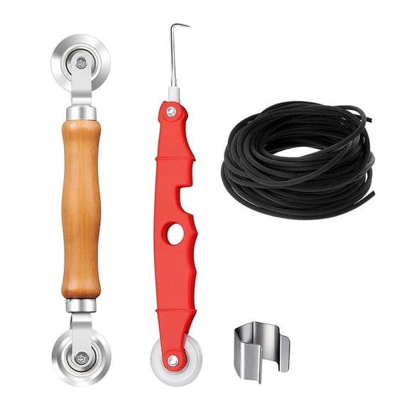 Fly Screen Repair Set Tool Double Wheel Sealing Roller with Wooden Handle Rubber Piping Tape Removal Hook Clip 4 Pack
