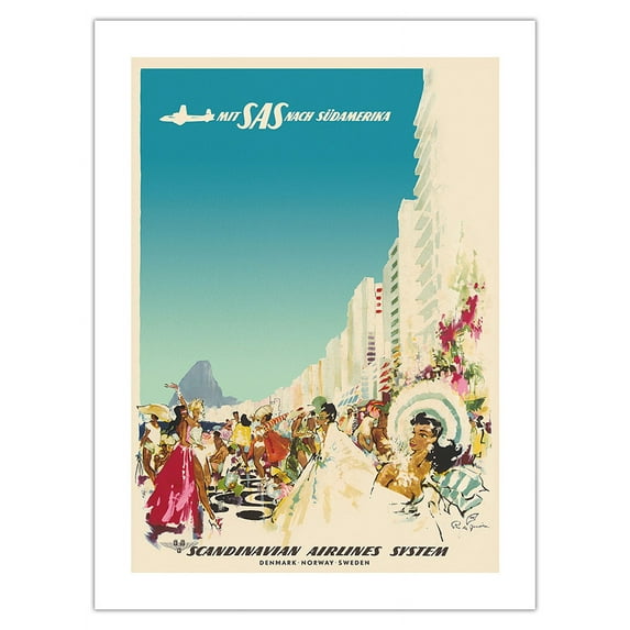 Fly to South America - Rio de Janerio Brazil - with SAS Scandinavian Airlines System - Vintage Airline Travel Poster by Otto Nielsen c.1953 - Fine Art Matte Paper Print (Unframed) 18x24in