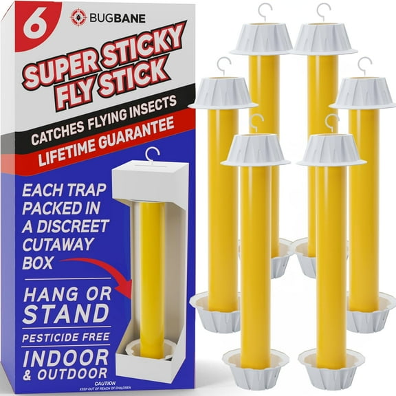 Indoor and outdoor sticky fly sticks, 6 pieces per pack. Non-toxic super-sticky hanging fly catcher