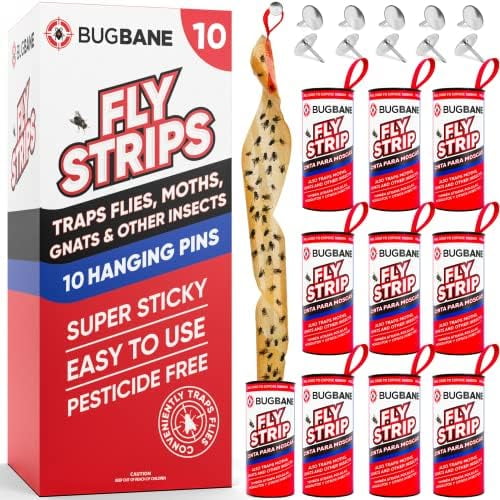 Fly Strips Indoor Sticky Hanging 10pk with Pins. Non Toxic Outdoor Fly ...