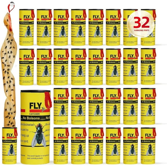 Fly Strips Indoor Sticky Hanging 32pk. Outdoor Fly Trap Indoor for Home. Flies Tape Paper Trap Ribbon Roll for House Gnat Fruit and Housefly. Bug Catchers for Inside Home Flypaper