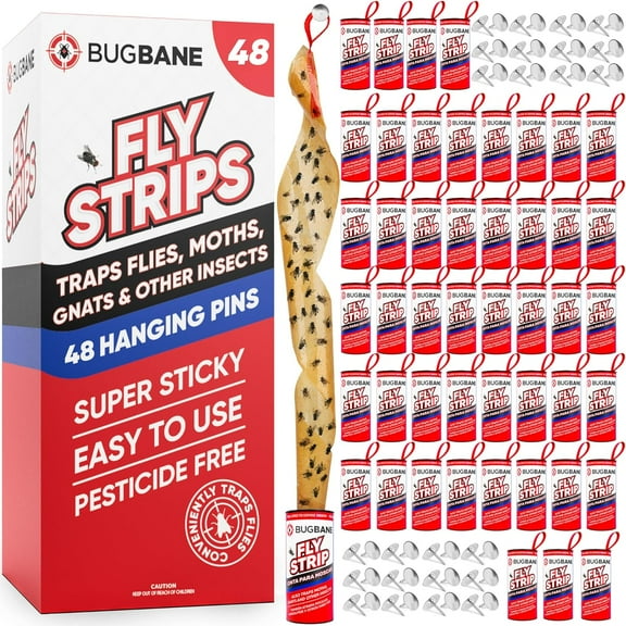 Fly Strips Indoor Sticky Hanging 48pk with Pins. Non Toxic Outdoor Fly Trap Indoor for Home. Flies Tape Paper Trap Ribbon Roll for House Gnat Fruit and Housefly. Bug Catchers for Inside Home Flypaper