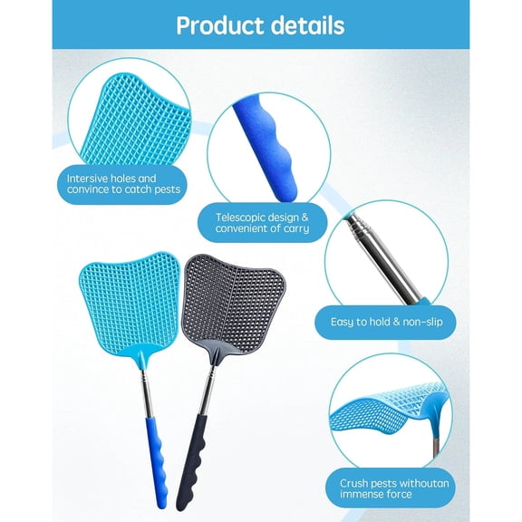 Fly Swatter Heavy Duty Set, with Durable Telescopic Stainless Steel Extendable Handles, for Home, Classroom and Office, 2Pcs