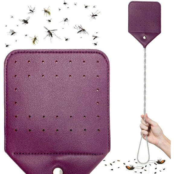 Fly Swatter Heavy Duty Vegan Leather, 21" Thicker Extra Long Sturdy Metal Woven Wire Handle, Manual Large Flies Killer Swatters Insect Smasher Bug Bee Wasp for Indoor and Outdoor (1 Pack, Purple)