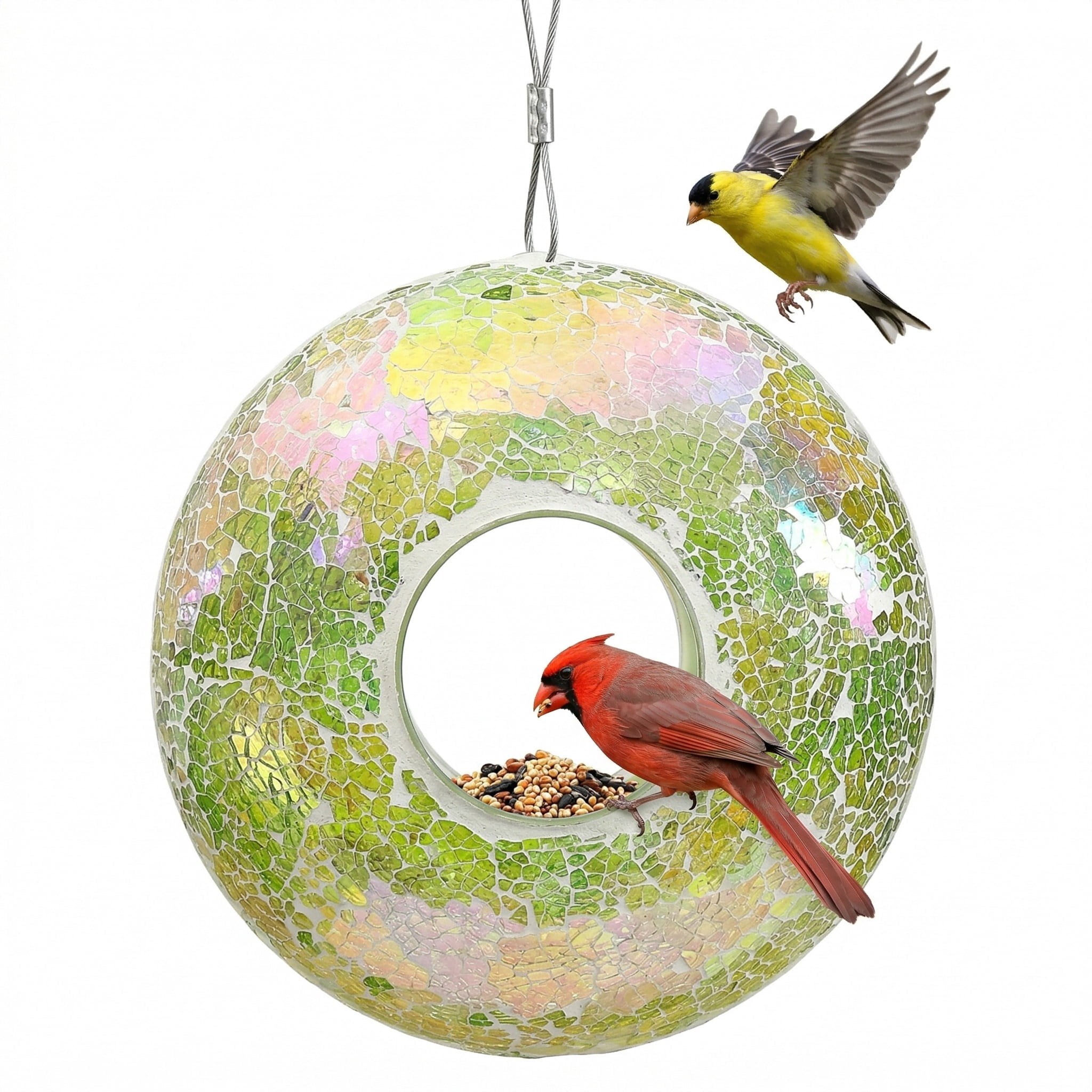 Topadorn Iridescent Mosaic Glass Hanging Bird Feeder, 9 Inch Fly-Through Design for Cardinals, Finches & Wild Birds, Green & Pink Tones, Garden Yard Decoration
