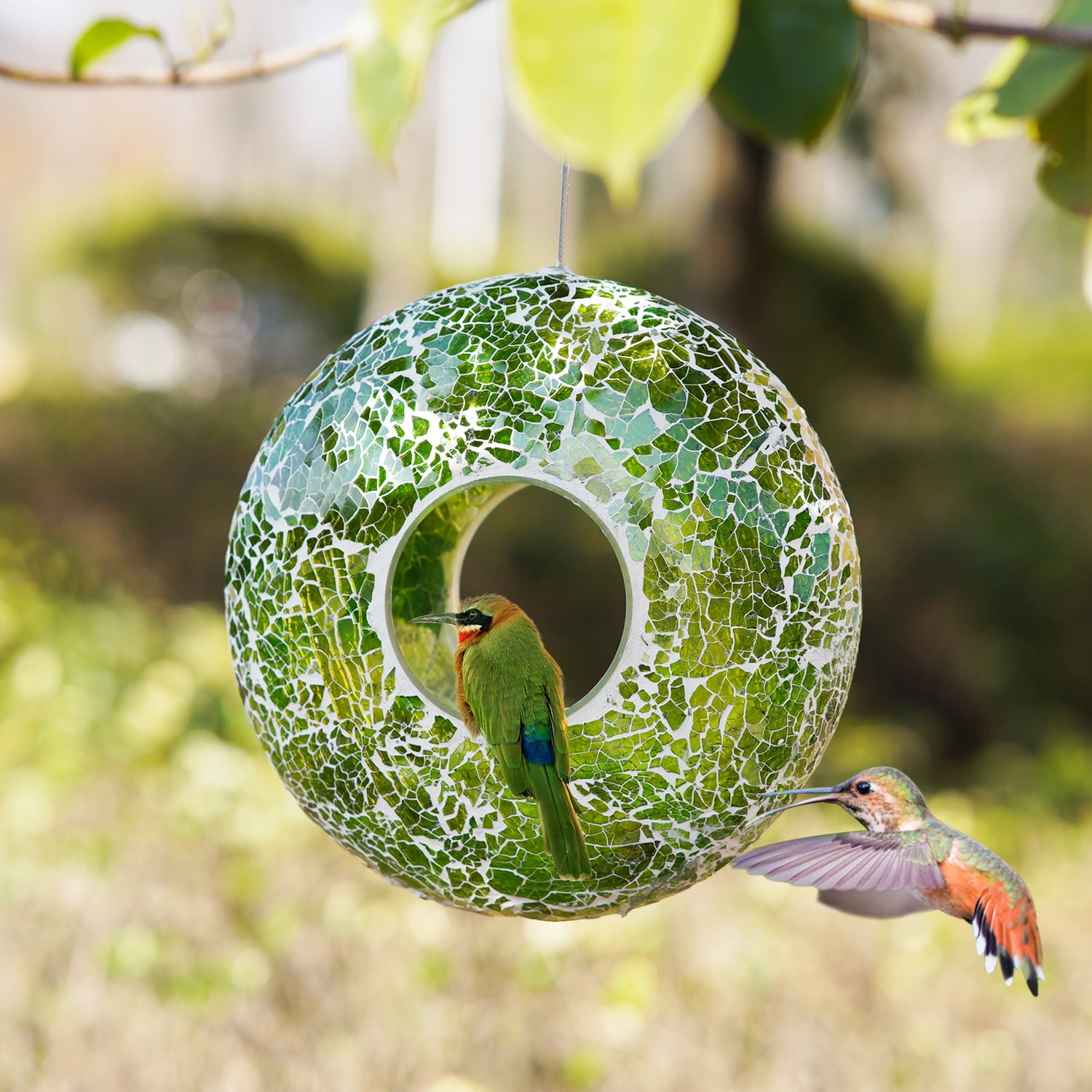 Green Mosaic Glass Hanging Bird Feeder with Lights