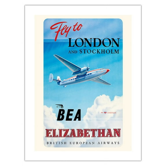 Fly To London And Stockholm - British European Airways (BEA) - Elizabethan Class - Vintage Airline Travel Poster by Roy Nockolds c.1952 - Fine Art Matte Paper Print (Unframed) 18x24in