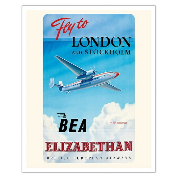 Fly To London And Stockholm - British European Airways (BEA) - Elizabethan Class - Vintage Airline Travel Poster by Roy Nockolds c.1952 - Fine Art Matte Paper Print (Unframed) 16x20in