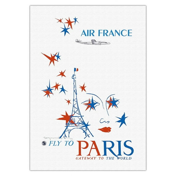 Fly To Paris France - Gateway to the World - Lockheed Constellation “Connie” - Vintage Airline Travel Poster by Raymond Gid c.1953 - Fine Art Rolled Canvas Print 27in x 40in