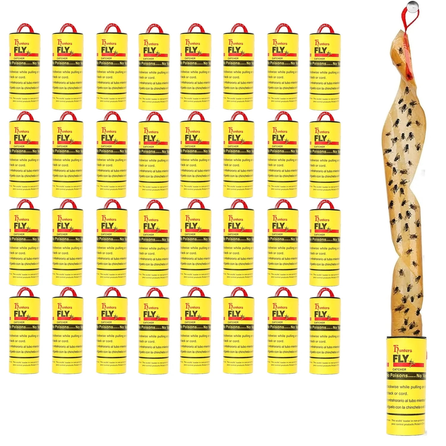 Flyroll Ribbon Fly Traps Sticky Hanging, 32 Packs Fly Paper Strips Roll Ribbon, Sticky ...