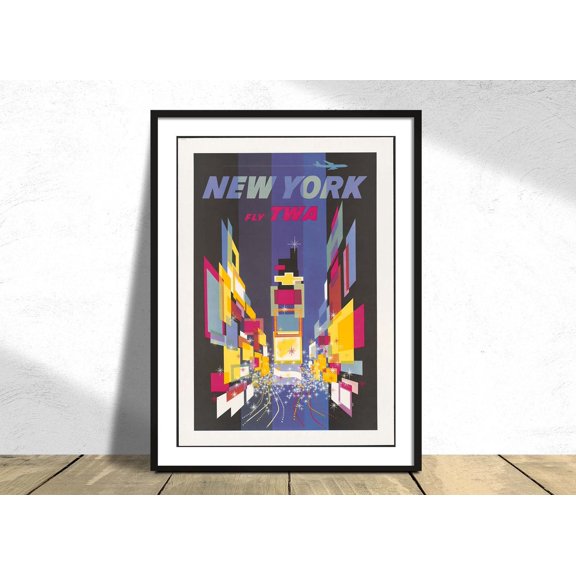 Fly Twa New York Times Squar I Travel Poster, Wall Dec, USA Retro, City Vintage Airline, Travel Inspired Home And Office Decor