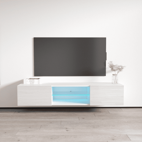 Fly Type-33 Floating TV Stand for TVs up to 70", Modern High Gloss 63" Entertainment Center, Wall Mounted TV Media Console with Storage Cabinets and LED Lights