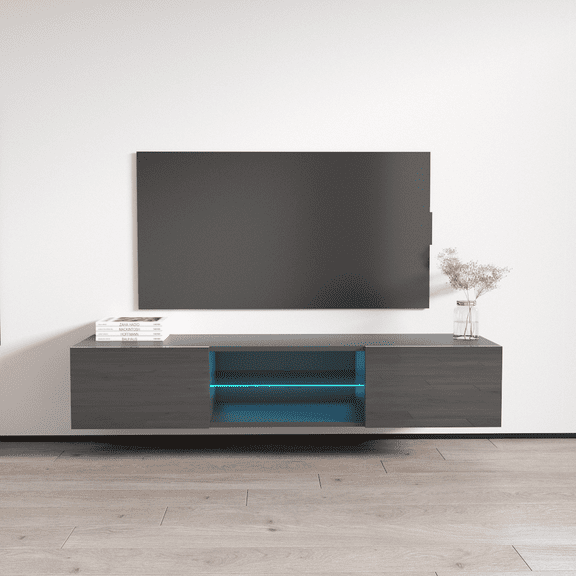Fly Type-33 Floating TV Stand for TVs up to 70", Modern High Gloss 63" Entertainment Center, Wall Mounted TV Media Console with Storage Cabinets and LED Lights
