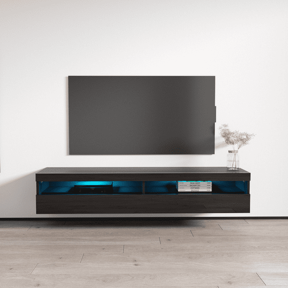 Fly Type-35 Floating TV Stand for TVs up to 70", Modern High Gloss 63" Entertainment Center, Wall Mounted TV Media Console with Storage Cabinets and LED Lights
