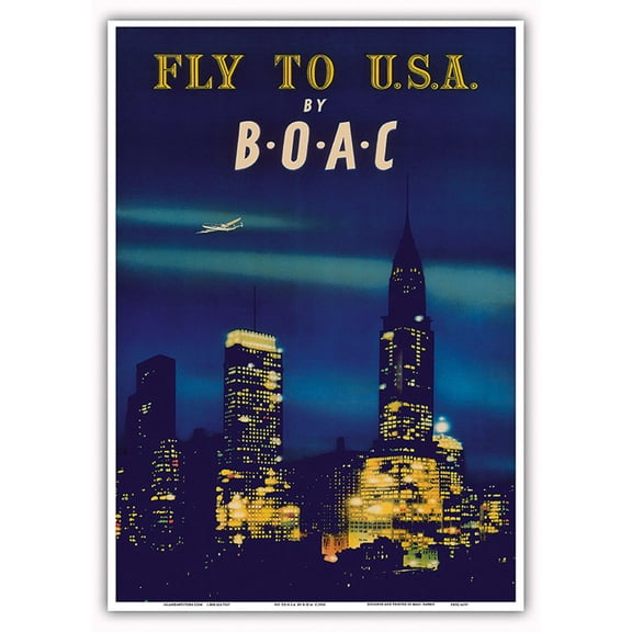 Fly to U.S.A. (USA) - New York City Night Skyline - BOAC (British Overseas Airways Corporation) - Vintage Airline Travel Poster 1950 - Master Art Print 10in x 14in