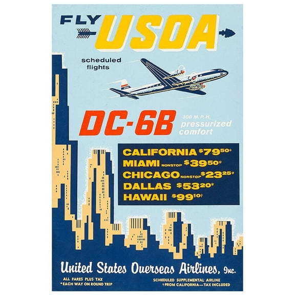 Fly USOA DC-6B - United States Overseas Airline - 1960s - Vintage Travel Poster (8x12Inches-US/CANOnly)
