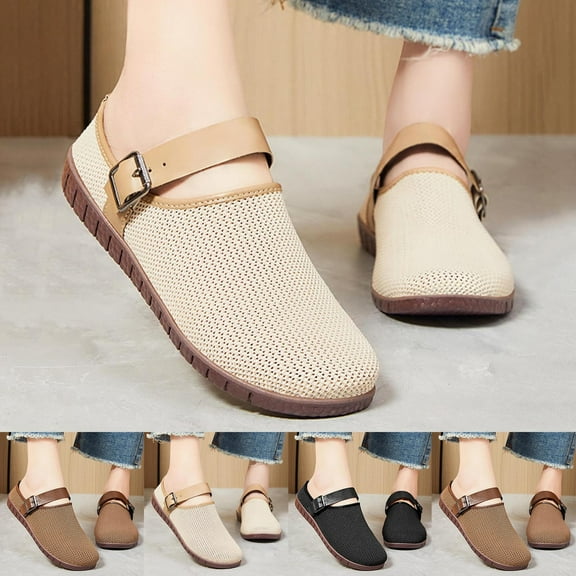 Fly-Woven Flat Slippers Women's Casual Comfortable Breathable Round-Toed Shoes for Spring Summer Outdoor Indoor Use